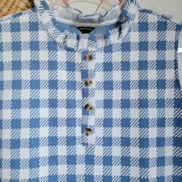 Ann Taylor, New, Blue & White Plaid Ruffle Neck Button Shell Knit Top Size XL - Picture 5 of 11